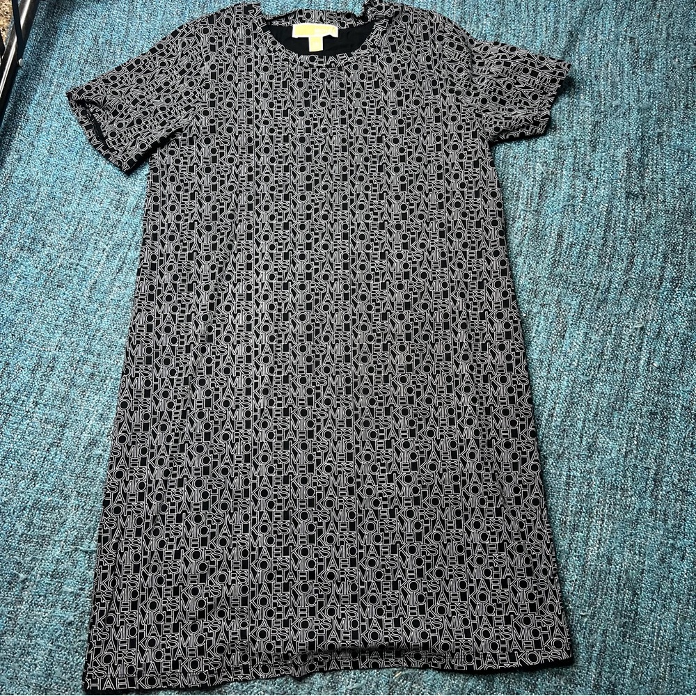 Michael Kors Spell Out Logo T-Shirt Dress in Black White Petite Medium